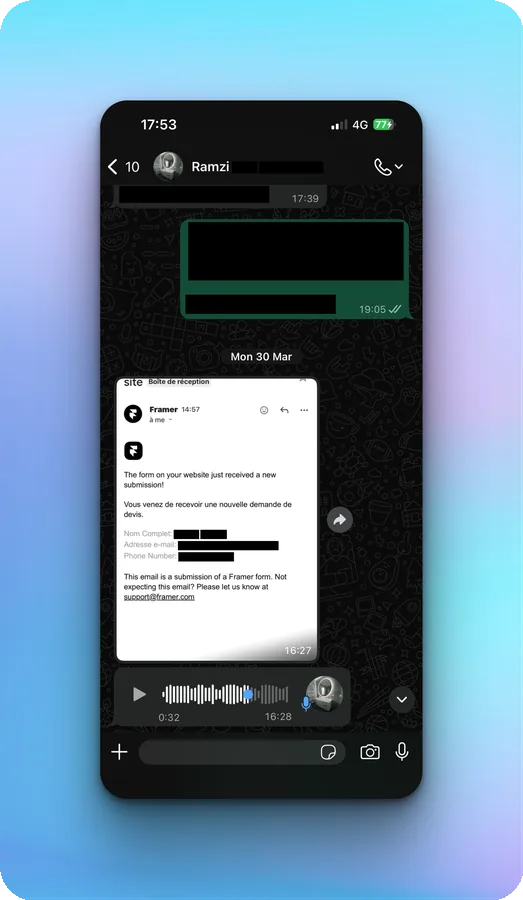 Conversation WhatsApp montrant la réception d’une demande de devis depuis un formulaire web