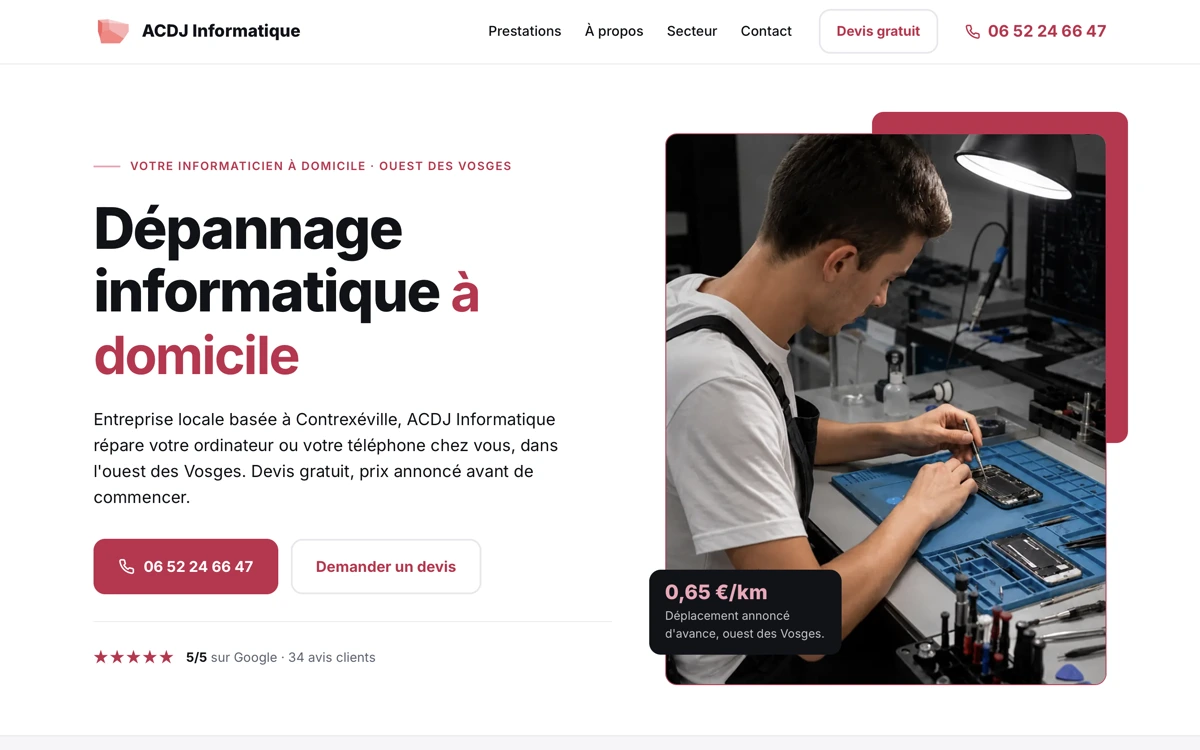 Page d’accueil du site ACDJ Informatique après sa refonte par AdWaves